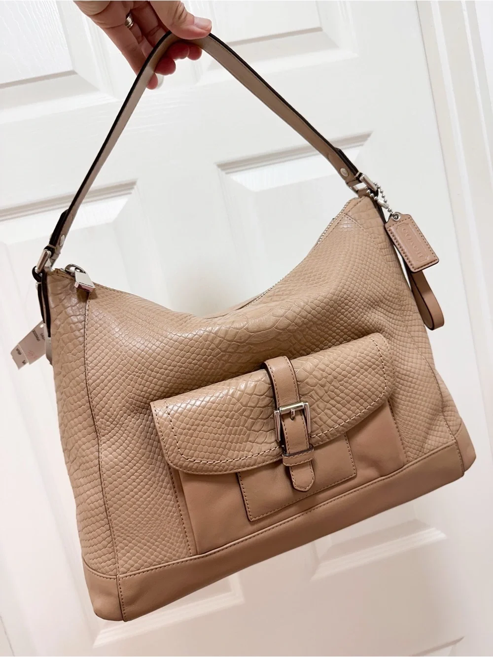 Coach Charlie Large Structured Hobo Mushroom Beige Python Leather NWT